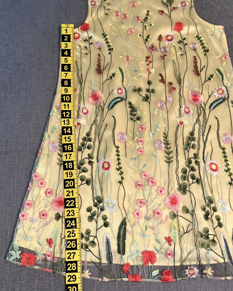 Tahari Arthur Levine Embroidered Floral Overlay Yellow Dress Women’s SZ 12 - Image 4 of 4