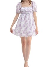 All in Favor - Lavender Floral Puff-Sleeve Babydoll Mini Dress