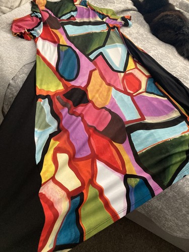 Ralston Midi Dress Size L Pockets Stretchy Lagenlook Art Black/Bright colours - Picture 13 of 17
