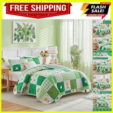 Patchwork Quilt Set Queen Size 3 Pieces Green White Pink Leaves Floral Plaid ...