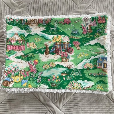 Vintage Handmade Set of 6 Ruffle Striped Easter Spring Placemats 11''x16'' Rabbits