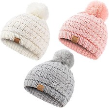 3 Pack Infant Toddler Children Pom Pom Beanie Knit Cap for Girls or Boys 0-3T