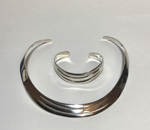 TAXCO Sterling Silver Modernist Collar Necklace & Cuff Bracelet Matching Set 59g