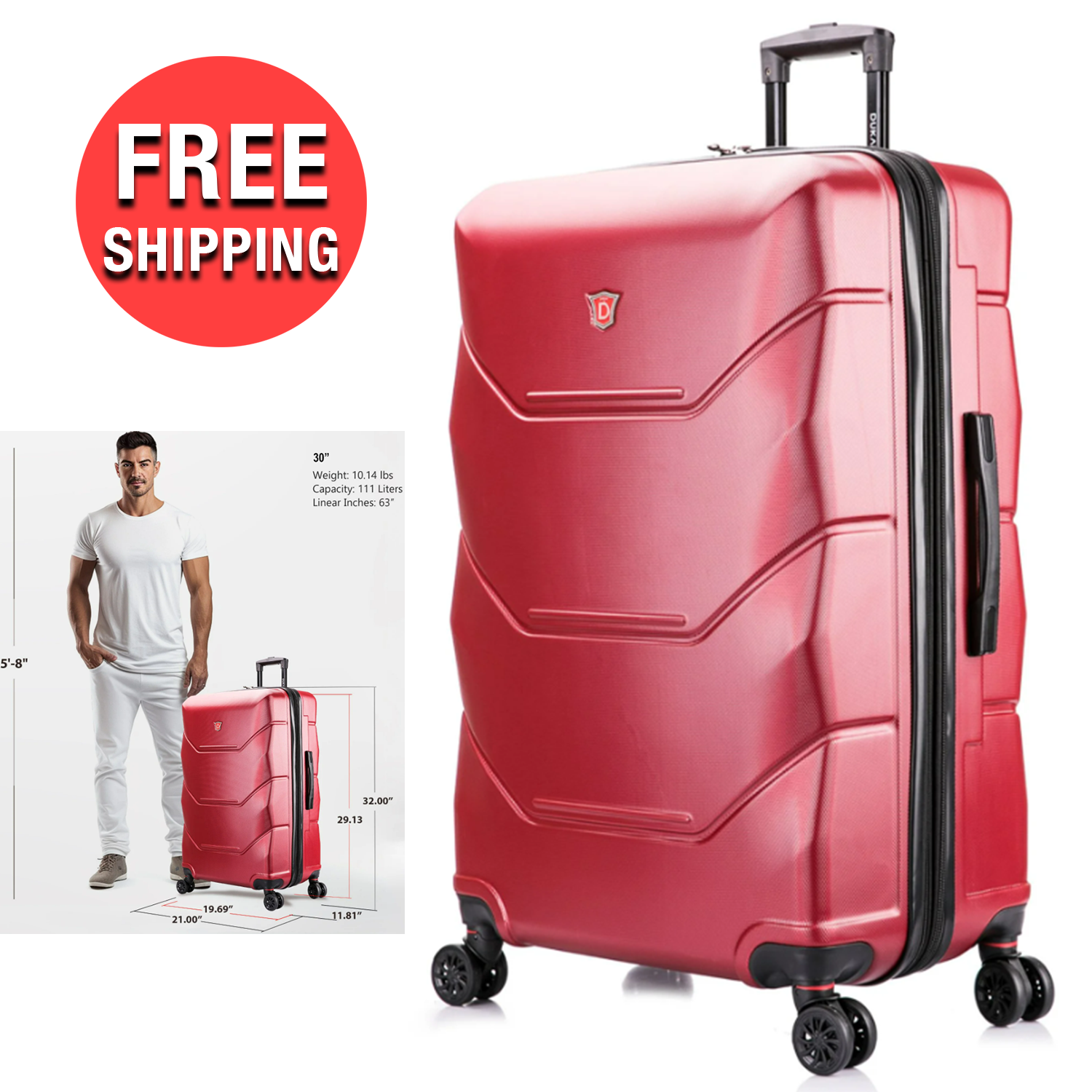 Lightweight 30-inch Red Travel Suitcase Hard Side Luggage with Spinner ...