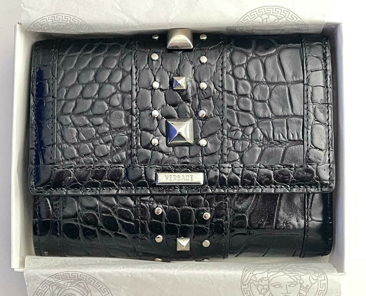 New In box Vintage Gianni Versace Crocodile Print Black Leather 