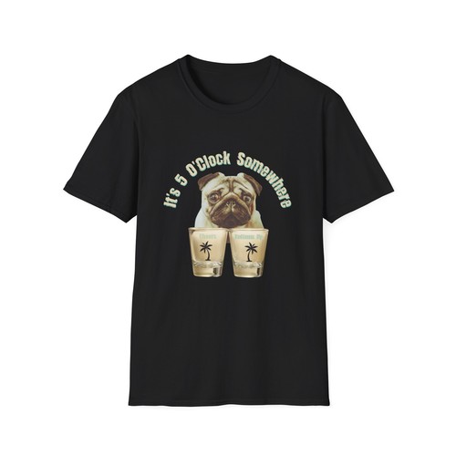 T-Shirt It's 5 O'Clock Somewhere Drinking Bar Pub Club Urlaub Reise Mops Hund - Bild 3 von 7