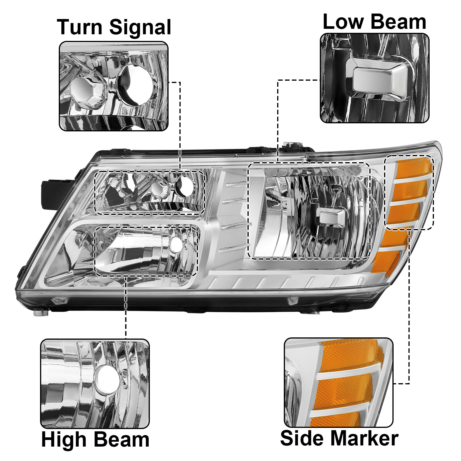 Headlights For 2009-2020 Dodge Journey Chrome Housing Amber Corner Headlamp L+R