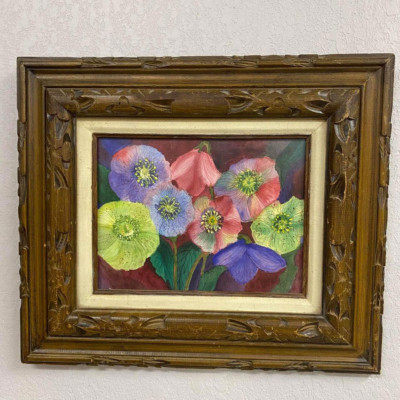 Beautiful Vintage Carved Wood Framed Primroses Flowers Painting Wall Art 20x17