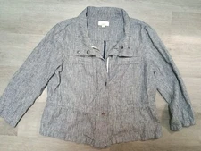 Loft Blue White Stripe Linen Cotton Jacket Cinched Waist Zipper Size Small