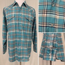 Ely Cattleman Wrinkle Resistant Blue Plaid Pearl Snap Vintage Western Shirt L