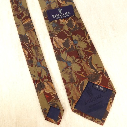 Kimijima Paris Neck Tie Men Red Brown Floral Silk Luxury Boho Nature Hibiscus - Picture 8 of 10