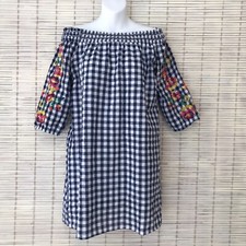 Skies Are Blue XS Gingham Dress Floral Embroidery Stretchy On / Off Shoulder