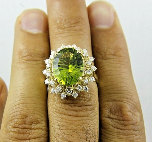 Natural Oval Green Peridot Diamond Halo Solitaire Ring 14k Yellow Gold 8.35Ct - Picture 5 of 7