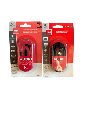 Lot x2 RCA Audio 3.5 mm MP3 MP4 Coiled Cables 6 ft/1.8m Built In Microphone READ