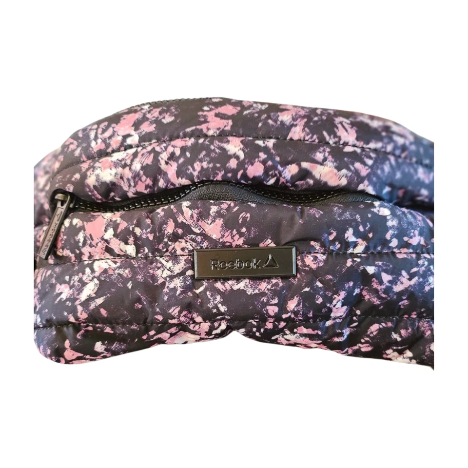 Reebok Fanny Pack PUFFER Quilted Nylon PINK & BLACK Floral Print OVERSIZED Zip - Image 2 of 4