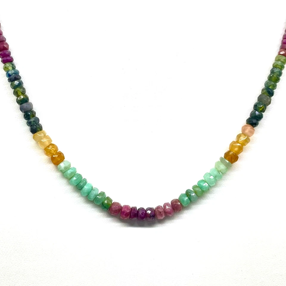 45.7cm Natürlicher Smaragd Rubin Saphir Halskette Facettierte Perlen 925 Silber - Bild 3 von 4