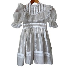 Vtg Girls Swiss Dot Flocked Sheer Pinafore Dress Ruffle Lace Trim Ivory Size 7 8