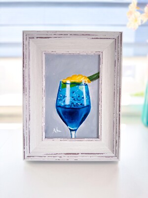 Blaue Lagune Ölgemälde - GERAHMT Realismus Original Cocktail Stillleben Fine Art
