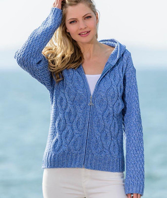 Aran Crafts Sweater Womens 100% Merino Wool Hooded Zip Sz XL Ocean Blue