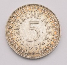 Moneta srebrna 5 marek srebrny orzeł RFN 1957 F myśliwy 387 16888 przedmiot kolekcjonerski