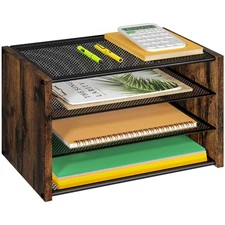 3-Tier Paper Letter Tray, Wooden Desk File Organizer, Stackable Metal Mesh De...