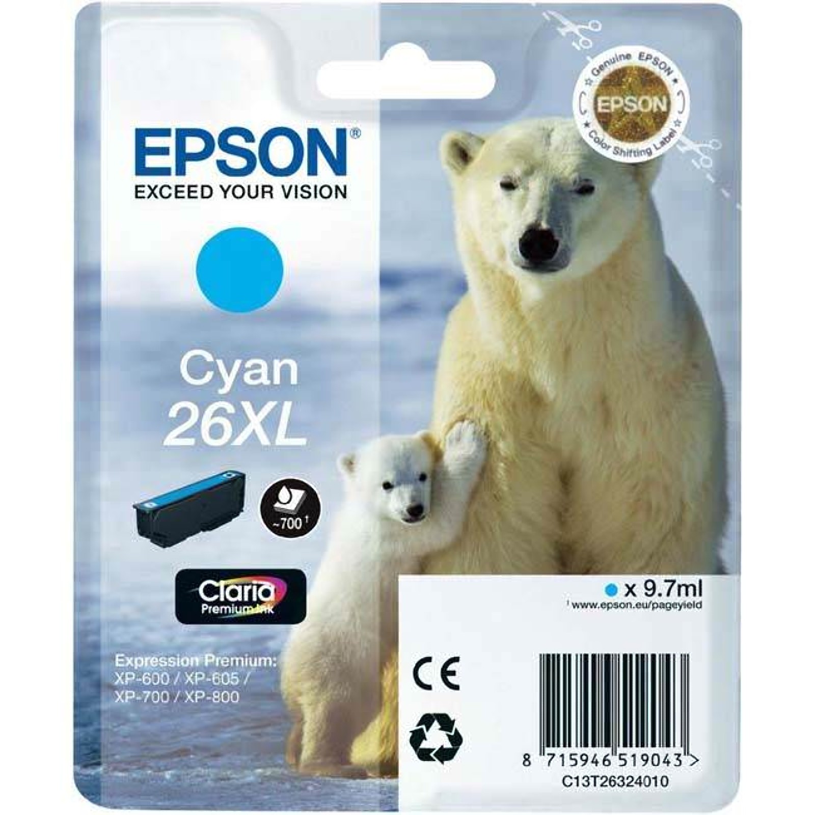 Genuine Original Epson 26XL Cyan High Capacity Ink Cartridge - Image 2