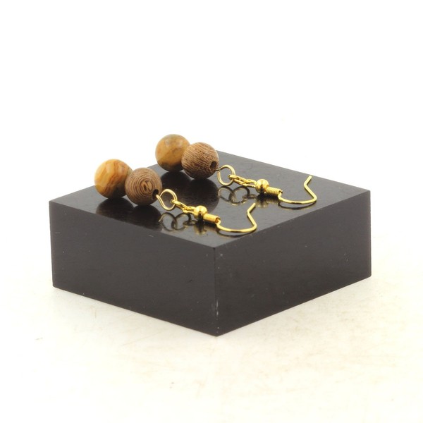 Ohrringe 2 Perlen Achat Crazy Lace + Holz 8 Mm Stahl Golden Made In Germany-image