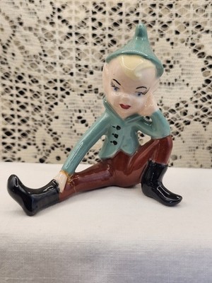 Vintage Holland Mold Ceramic Pixie Figurine   Sitting Elf Green Brown - As Is