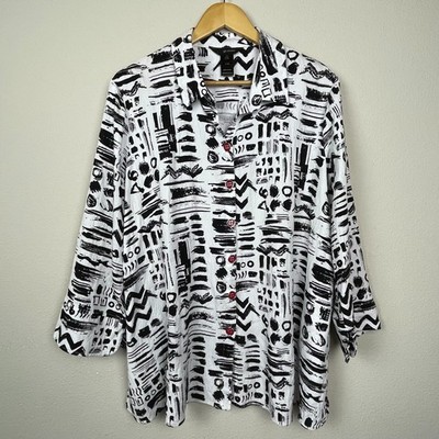 Ali Miles Button Up Top Women s Sz L White Black Geometric Print Artsy Coastal