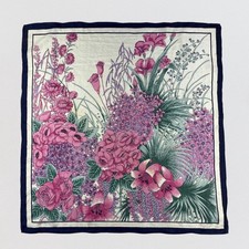 Vintage 100 Silk Hand Made Scarf Floral Garden Lily Rose Pink Navy Blue 28"