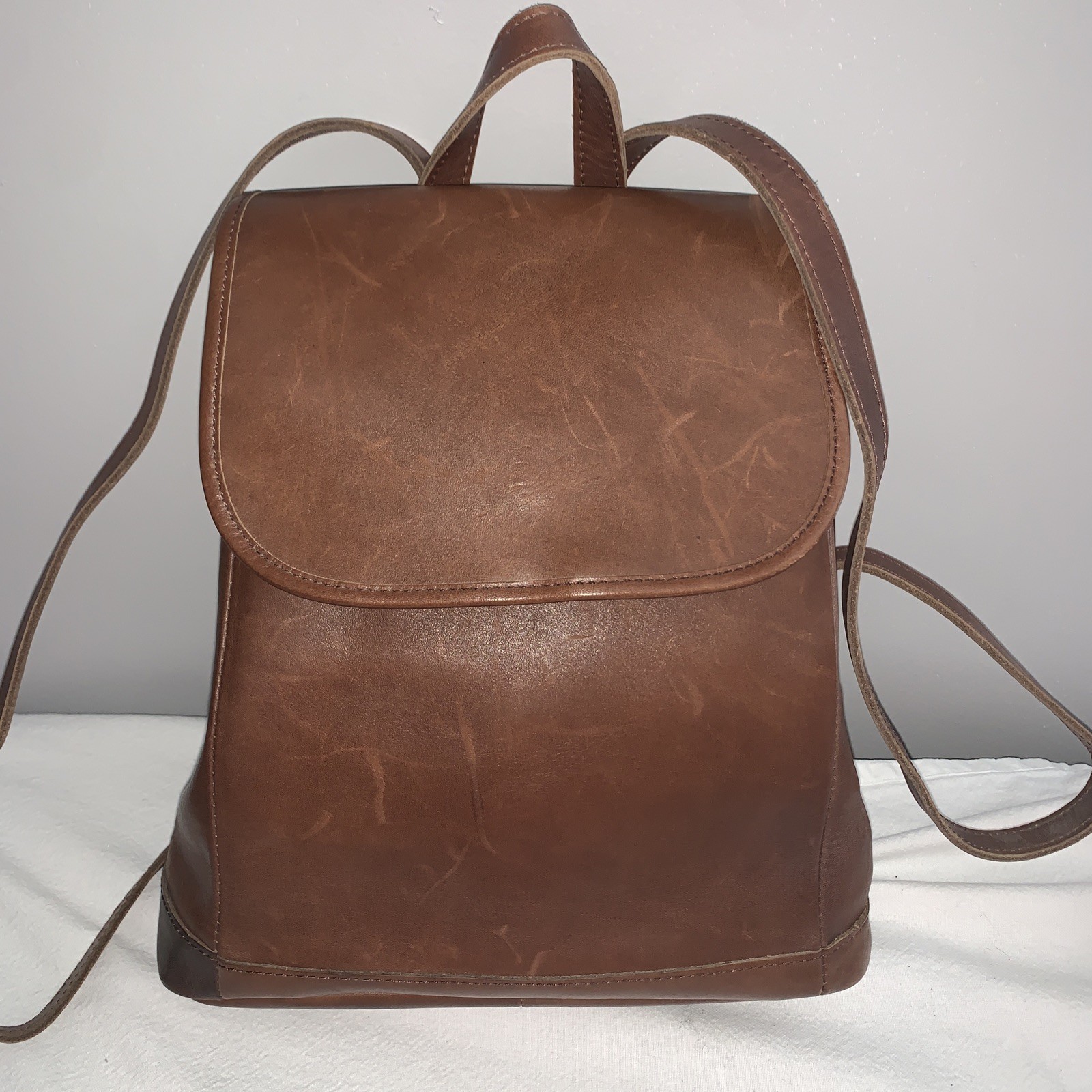 Brown Leather Backpack LL Bean Drawstring Top Ins… - image 1