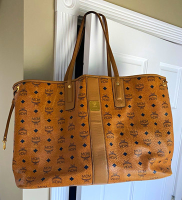 MCM Visetos Monogram Large Reversible Tote Bag w/ Pouch, Brown, Gold