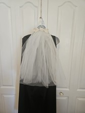 Vintage Short Bridal Veil Tulle Blusher Metal Frame Headband Beads Lace