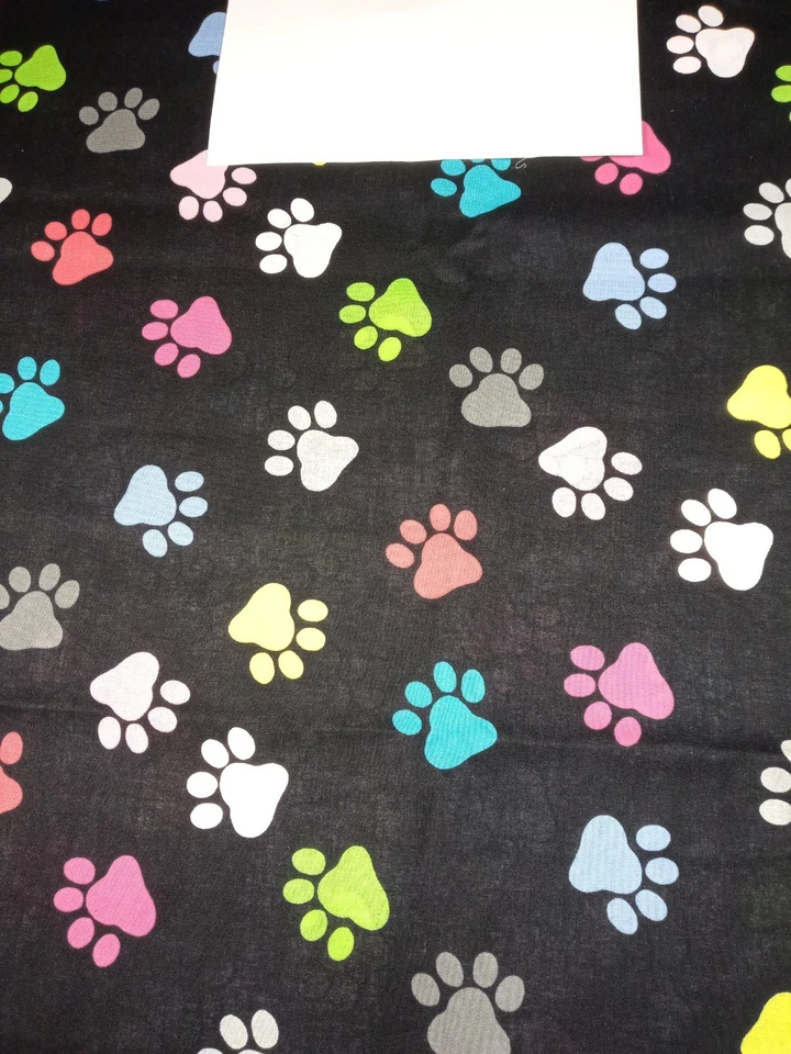 Joann Fabrics Black Background Colorful Paw Prints 1 Yard + 17" x 44" NEW - Image 1 of 2