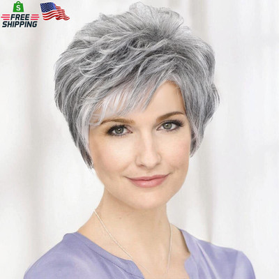 EMMOR Short Grey Human Hair Wigs for Women Blend Pixie Cut Wig with Bang,Natural