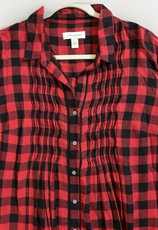 Camisa a Cuadros Vintage America Top Mujer L Hinchada L/S Plisada Pecho Calzoncillos Abotonados Foto 2 de 4