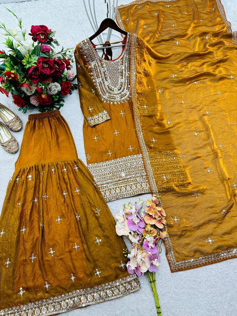 New Mustard Yellow Fendy Silk Top Palazzo With Dupatta For Women & Girls Wear thumbnail 8