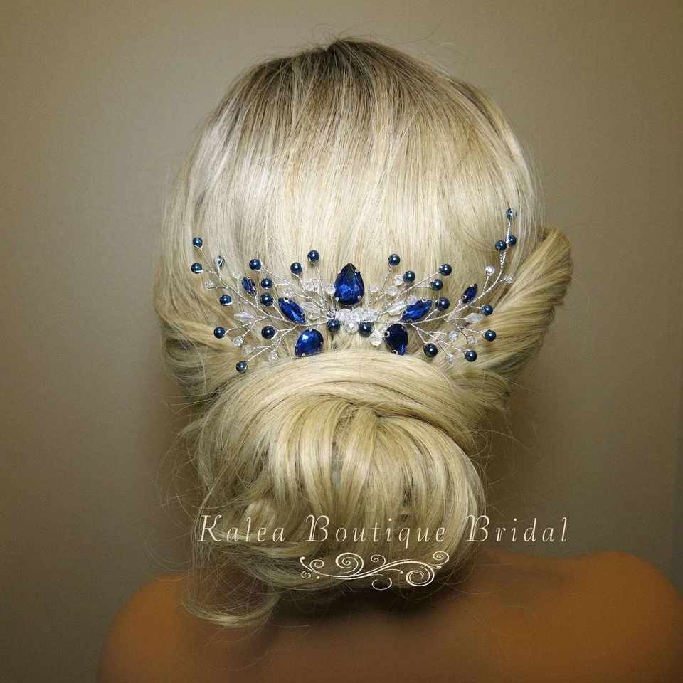 Blue Crystal Gem Hair Comb and Earrings 3 PC Set, Bridal Silver Wire Hairpin Set - Image 3 of 4