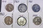 LOT Of Six Silver Quarters 1941,1960,1961,1963,1964x2.  Over 1 Ounce Silver