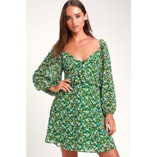 Lulus Forsythia Green Floral Print Long Sleeve Tie-Front Women's Dress Large