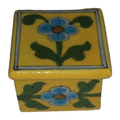 Miniature Yellow Blue Flower Box Trinket Ceramic Jaipur India Cottagecore 