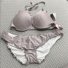 Victoria's Secret Shimmering Silver Bikini Set Ruffled Wavy Bottoms Size 36C/XL