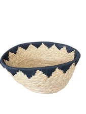 Handwoven Seagrass Jute Basket Bowl Black Zigzag Rim Boho Rustic Decor Storage