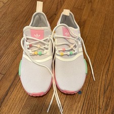 adidas Girls' Sneakers White Pink Yellow Green Star Beaded Mesh Comfort Size 5.5