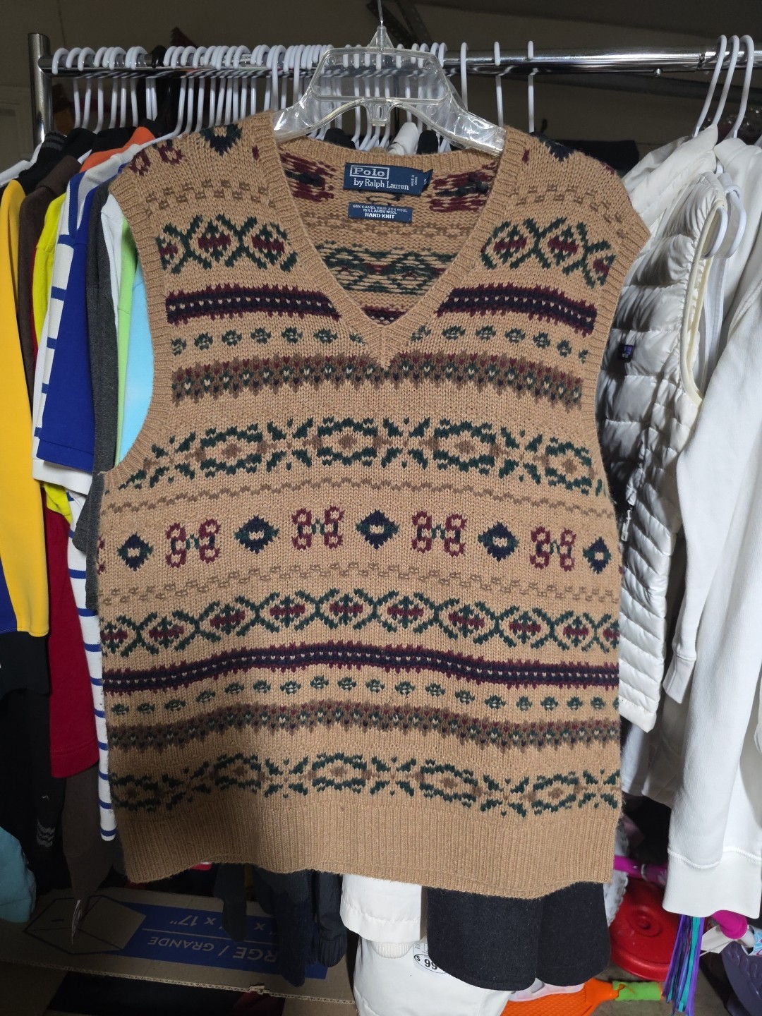 Ralph Lauren Gent’s Size Large Wool-Camel Hair Fair Isle VEST Hand Knit Khaki