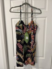 Farm Rio Mini Dress Black with Floral Print, Tie Back, Strappy, Size Small