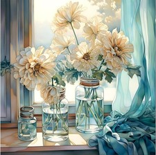 White Flowers in Jars by Window Beginners Paint By Numbers Kit Adults MT3630