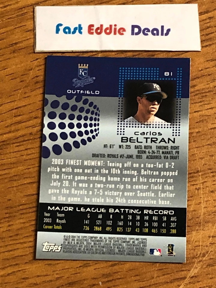 TOPPS FINEST BASEBALL 2004 CARLOS BELTRAN CARD 81 KANSAS CITY ROYALS EXCELLENT - Image 2 of 2