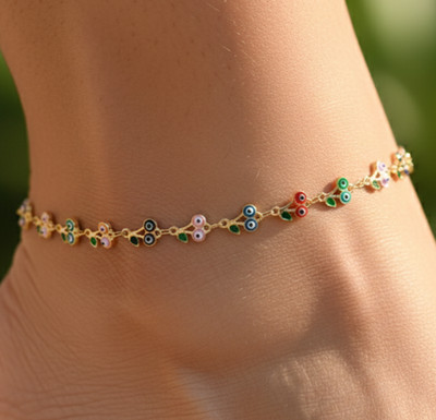Elegant Brass Anklet Gold Plated Multicolor Floral Evil Eye Charm Anklet