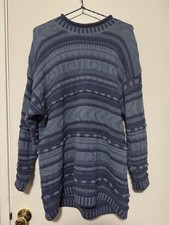blue patterned long sleeve knit sweater